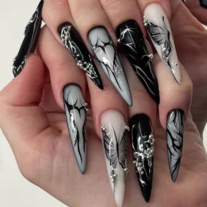 Luxury Dark Gothic Long Stiletto Press-On Nails with 3D Butterfly Art and Silver Chrome Accents